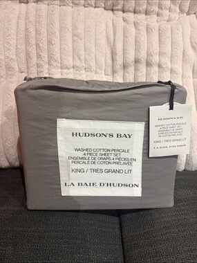 BNWT Hudson’s Bay Company Washed Cotton Percale Sheet Set-Grey-King